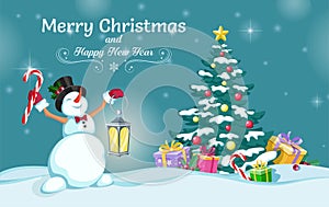 Cheerful snowman and Christmas tree with gifts. Merry Christmas and happy New year